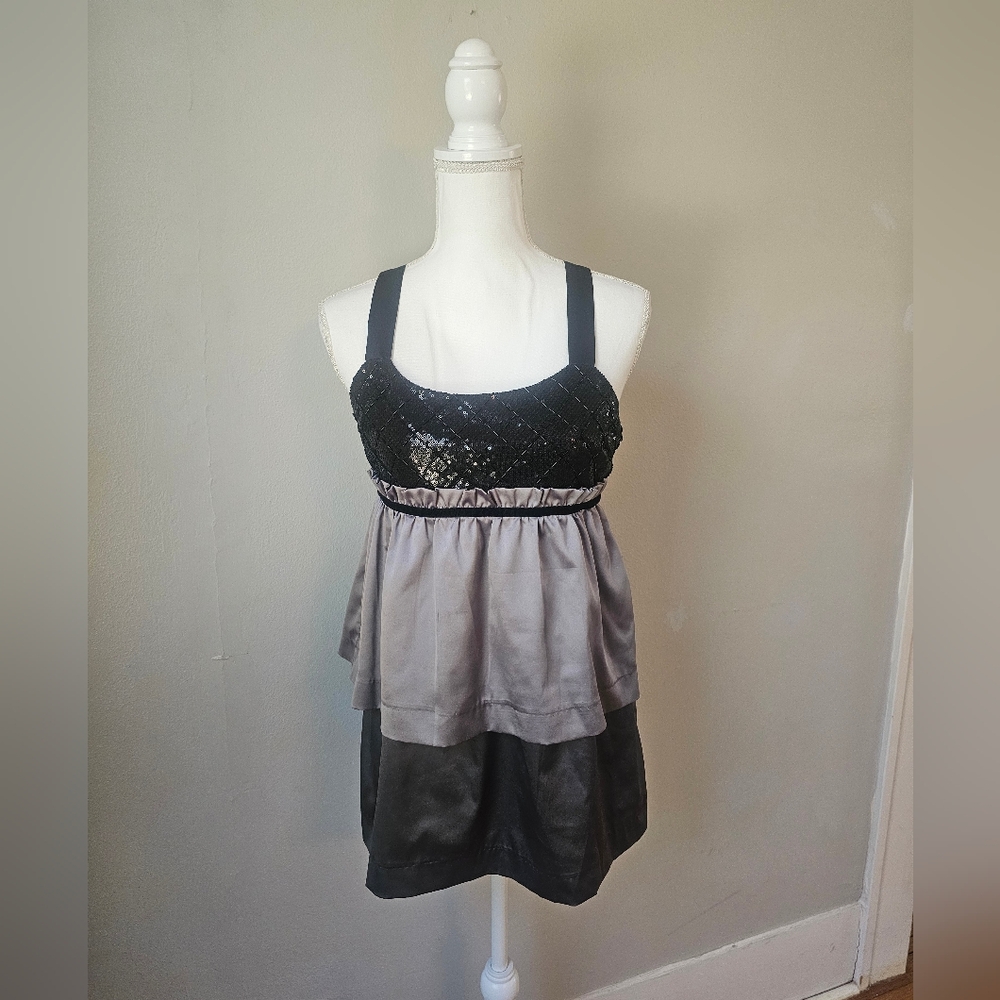 Black and Gray Sequin Ruffle Tank Top